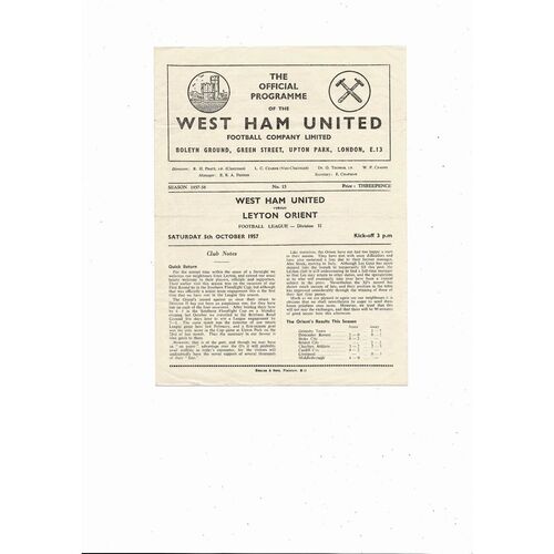1957/58 West Ham United v Leyton Orient Football Programme