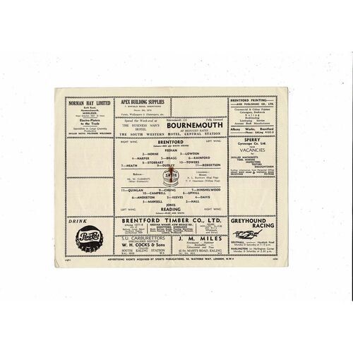 1954/55 Brentford v Reading Football Programme
