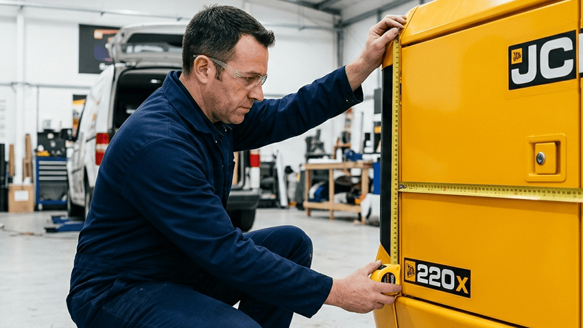 Technician measuring yellow plant machinery for a precision templated graphic kit layout.
