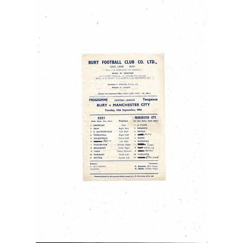 Bury v Manchester City Central League Football Programme 1964/65