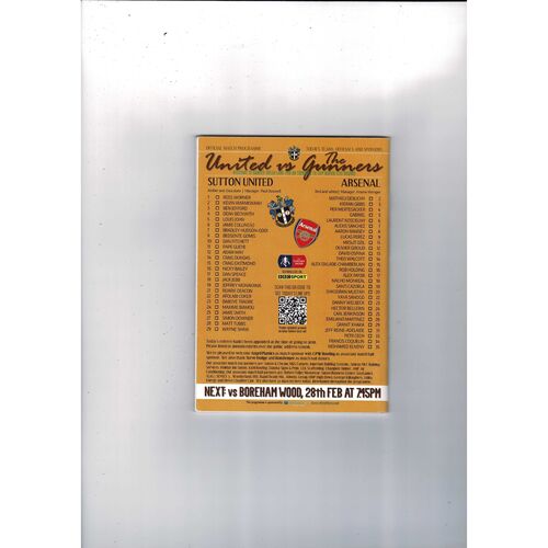 Sutton United v Arsenal FA Cup Football Programme 2016/17