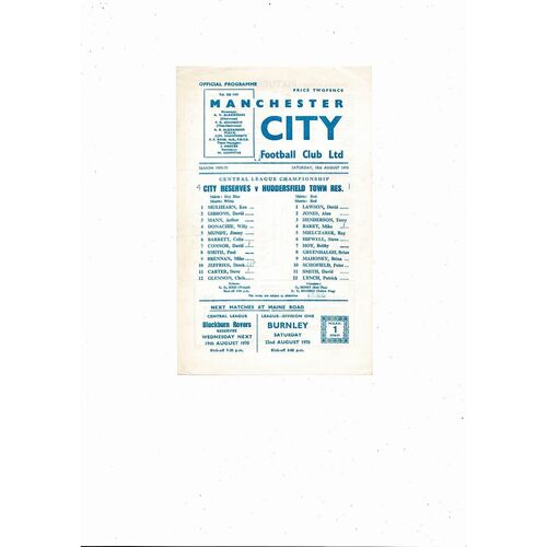 Manchester City v Huddersfield Town Central League Football Programme 1970/71
