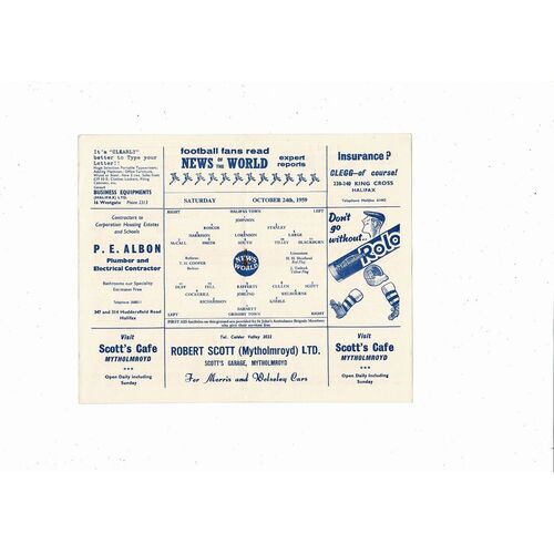 1959/60 Halifax Town v Grimsby Town Football Programme