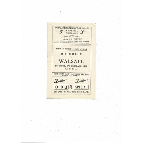 1959/60 Rochdale v Walsall Football Programme