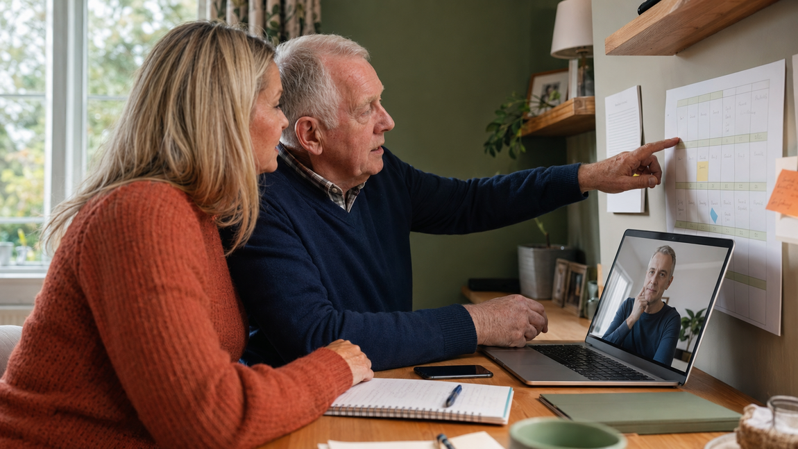 Older father reviews a weekly planner with his daughter while another family member joins by video call.
