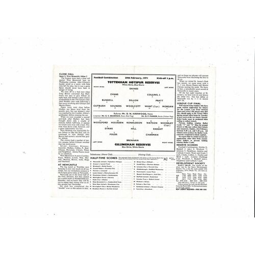 Tottenham Hotspur v Gillingham Football Combination Programme 1970/71