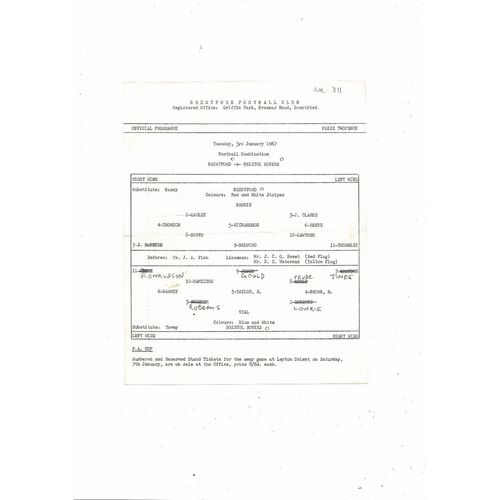 Brentford v Bristol Rovers Football Combination Programme 1966/67