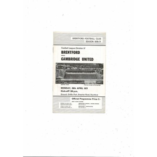 1970/71 Brentford v Cambridge United Football Programme - 1st Season Cambridge