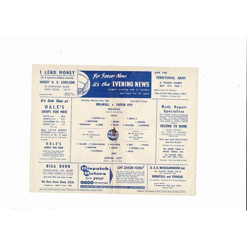 1959/60 Millwall v Exeter City Football Programme