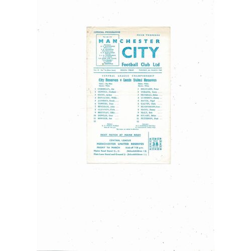 Manchester City v Leeds United Central League Football Programme 1968/69
