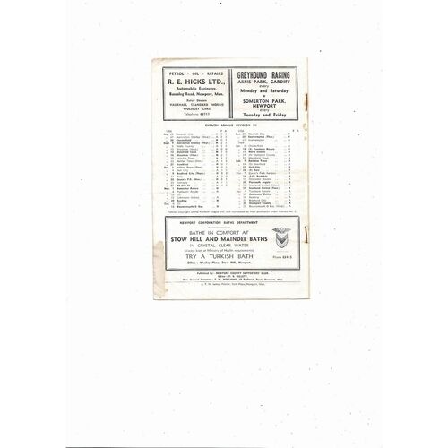 1958/59 Newport County v Doncaster Rovers Football Programmes