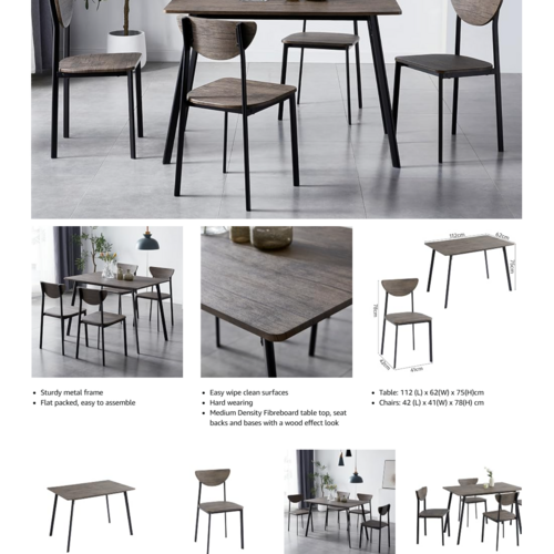 mcc direct Dining Table and Chairs Set Metal Wood Effect Table Dining Set 4 Chairs Blake - Grey