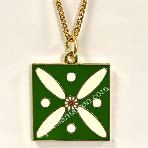 Pendant. The Persian Cross. White on Green with 1 Central Red Stone.