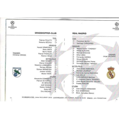 Grasshopper Zurich v Real Madrid UEFA Champions League Football Programme 1995/96