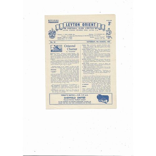 1956/57 Leyton Orient v Sheffield United Football Programme