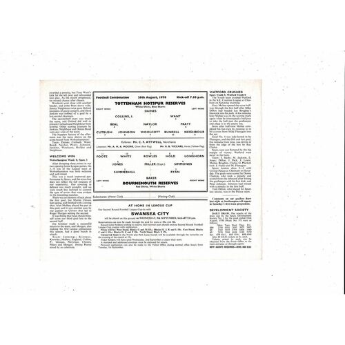 Tottenham Hotspur v Bournemouth Football Combination Programme 1970/71