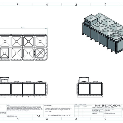 PW.4X2X1.TIF.AB - 5315 LITRE SECTIONAL WATER TANK, TOTALLY INTERNALLY FLANGED (TIF) C/W FVH