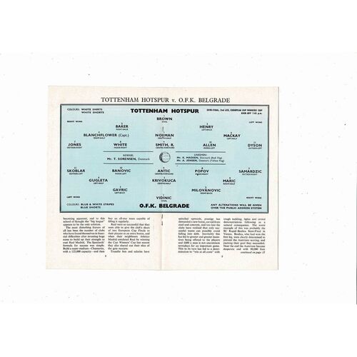1962/63 Tottenham Hotspur v OFK Belgrade European Cup Winners Cup Semi Final Football Programme