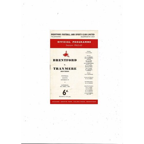 1962/63 Brentford v Tranmere Rovers Football Programme