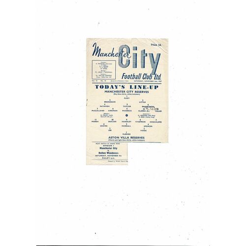 Manchester City v Aston Villa Central League Football Programme 1957/58
