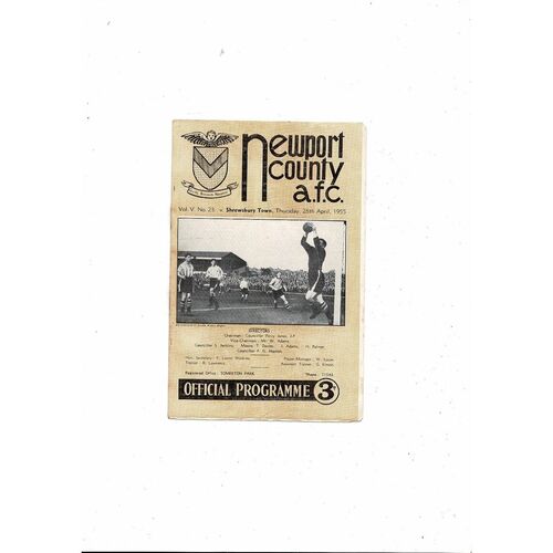1954/55 Newport County v Shrewsbury Town Football Programme