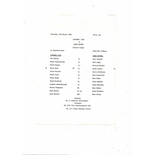 Coventry City v Leeds United Central League Football Programme 1981/82