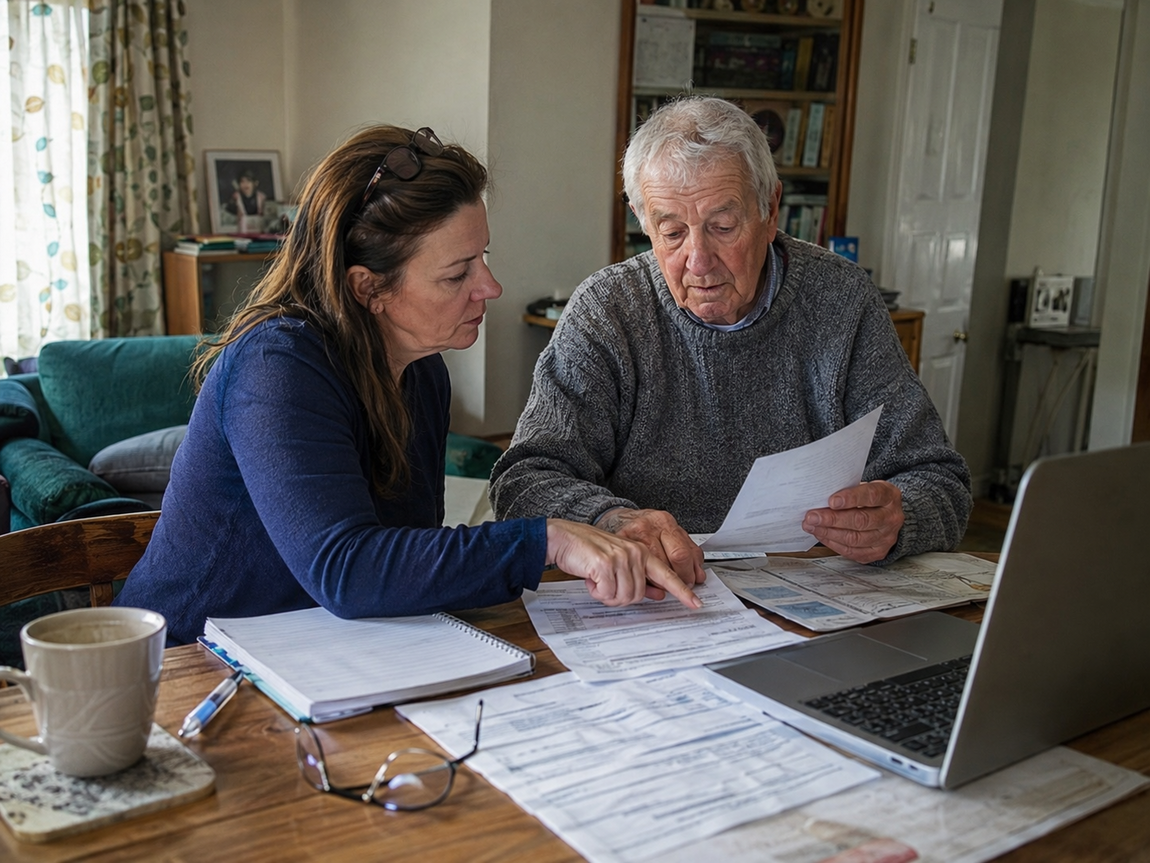A worried middle-aged woman sits at a kitchen table, holding a leaflet and looking overwhelmed, with paperwork spread out in front of her after a dementia diagnosis.