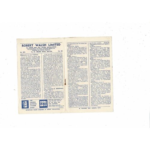 1956/57 Bolton Wanderers v Arsenal Football Programme