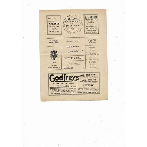 1957/58 Dagenham v Uxbridge Corinthian League Football Programme