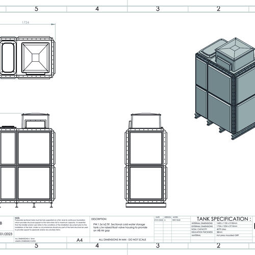 PW.1.5X1X2.TIF.AB - 4079 LITRE SECTIONAL WATER TANK, TOTALLY INTERNALLY FLANGED (TIF) C/W FVH