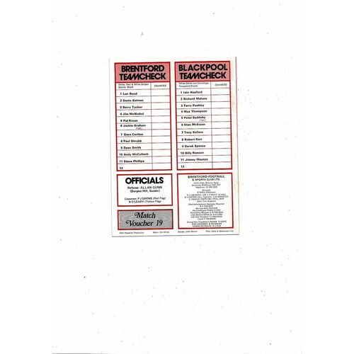 1978/79 Brentford v Blackpool Football Programme