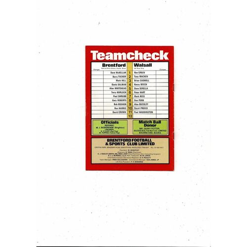 1981/82 Brentford v Walsall Football Programme