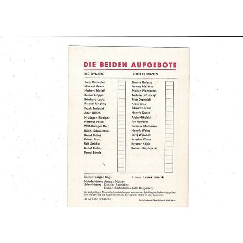 Dynamo Berlin v Ruch Chorzow European Cup Football Programme 1979/80