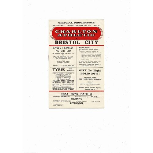 1957/58 Charlton Athletic v Bristol City Football Programme