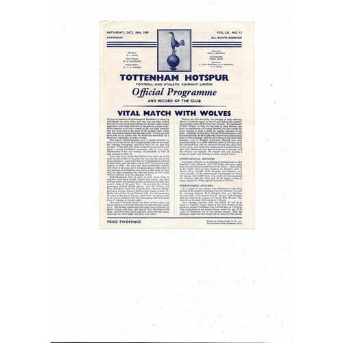 1959/60 Tottenham Hotspur v Wolves Football Programme
