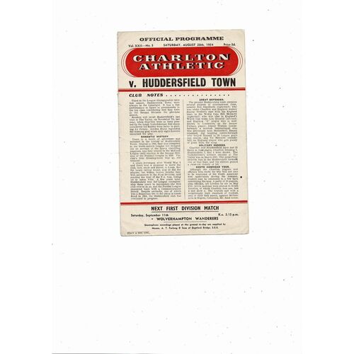 1954/55 Charlton Athletic v Huddersfield Town Football Programme