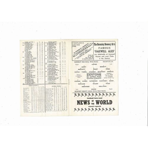 1959/60 Barnsley v Newport County Football Programme