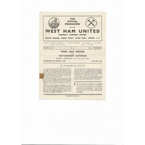 1955/56 West Ham United v Tottenham Hotspur FA Cup Football Programme