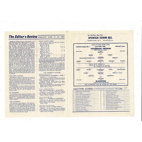 1959/60 Tottenham Hotspur v Blackpool Football Programme