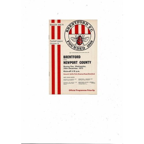 1973/74 Brentford v Newport County Football Programme