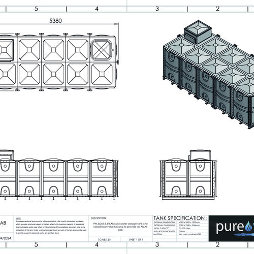 PW.5X2X1.5.IFB.AB - 15000 LITRE SECTIONAL WATER TANK, INTERNALLY FLANGED BASE (IFB) C/W FVH