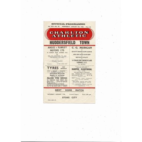 1957/58 Charlton Athletic v Huddersfield Town FA Cup Replay Football Programme