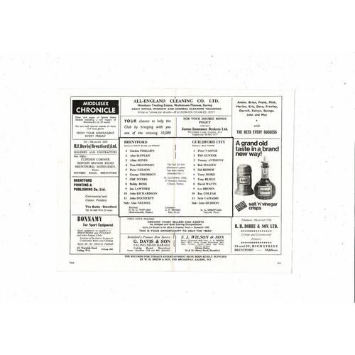 Brentford v Guildford City FA Cup Football Programme 1967/68 9th December - Match Abandonned