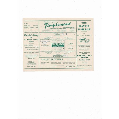 1957/58 Yeovil Town v Kidderminster Southern League Football Programme