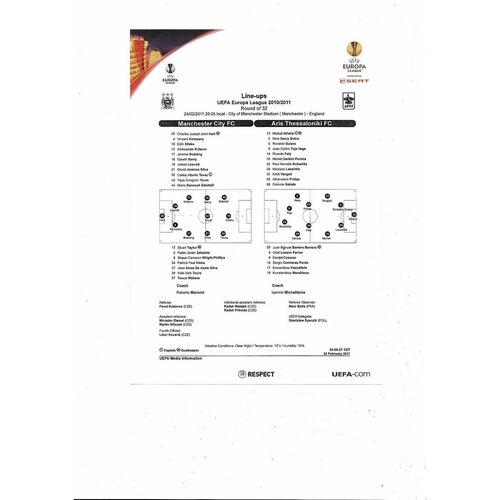Manchester City v Aris Thessalonika FC Europe League Team Sheet 2010/11