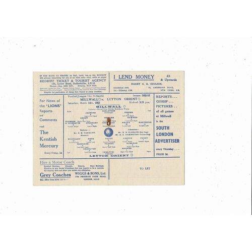 1952/53 Millwall v Leyton Orient Football Programme
