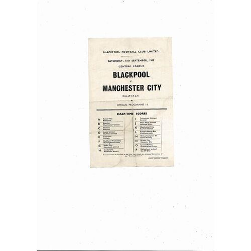 Blackpool v Manchester City Central League Football Programme 1965/66