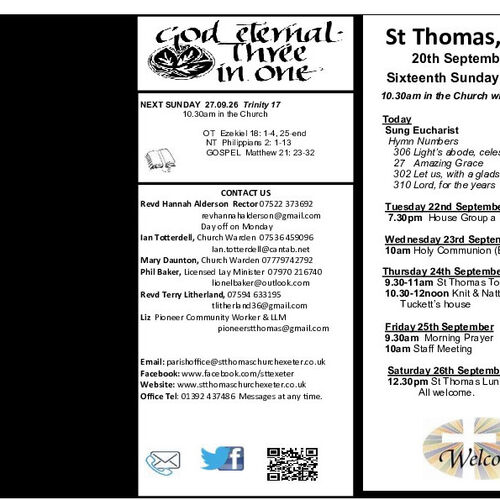 Pew Sheet | The Parish of St Thomas, Exeter