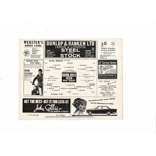 Leeds United v Torino Fairs Cup Football Programme 1965/66