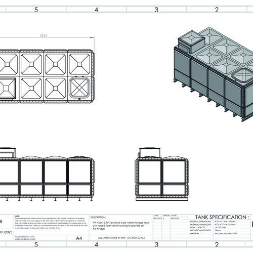 PW.4X2X1.5.TIF.AB - 14,722 LITRE SECTIONAL WATER TANK, TOTALLY INTERNALLY FLANGED (TIF) C/W FVH